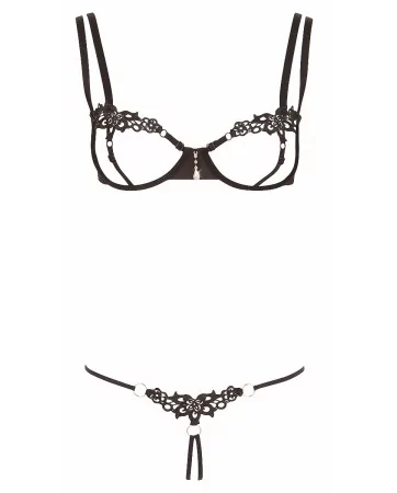 Ensemble dentelle string ouvert et seins nus noir - Cottelli Lingerie