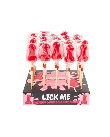 Display of 40 cherry penis lollipops with spicy warming effect