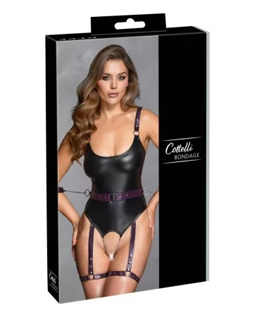 Body à jarretelles ouvert avec menottes - Cottelli Bondage